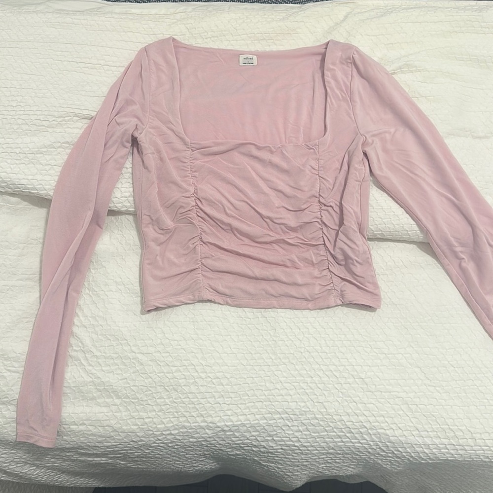 Aritzia Light Pink Ruched Long Sleeve Square Neck Top